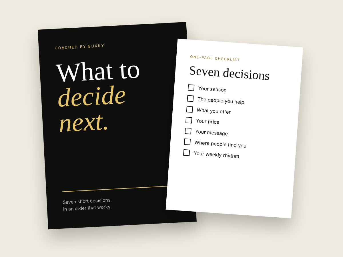 The What to Decide Next guide cover and one-page checklist